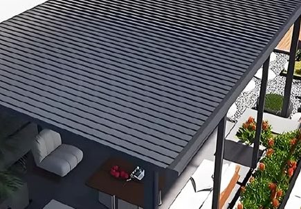 Ribbed-panel cover over an outdoor seating area