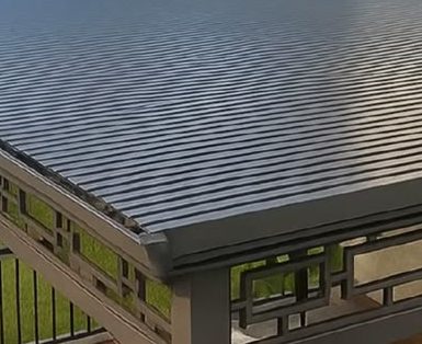 Pergola-style roof with a ribbed panel top and decorative lattice frieze