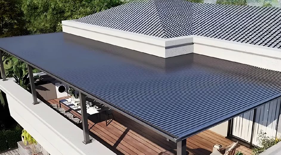 Wide flat canopy on slim columns over a roof deck with outdoor dining furniture